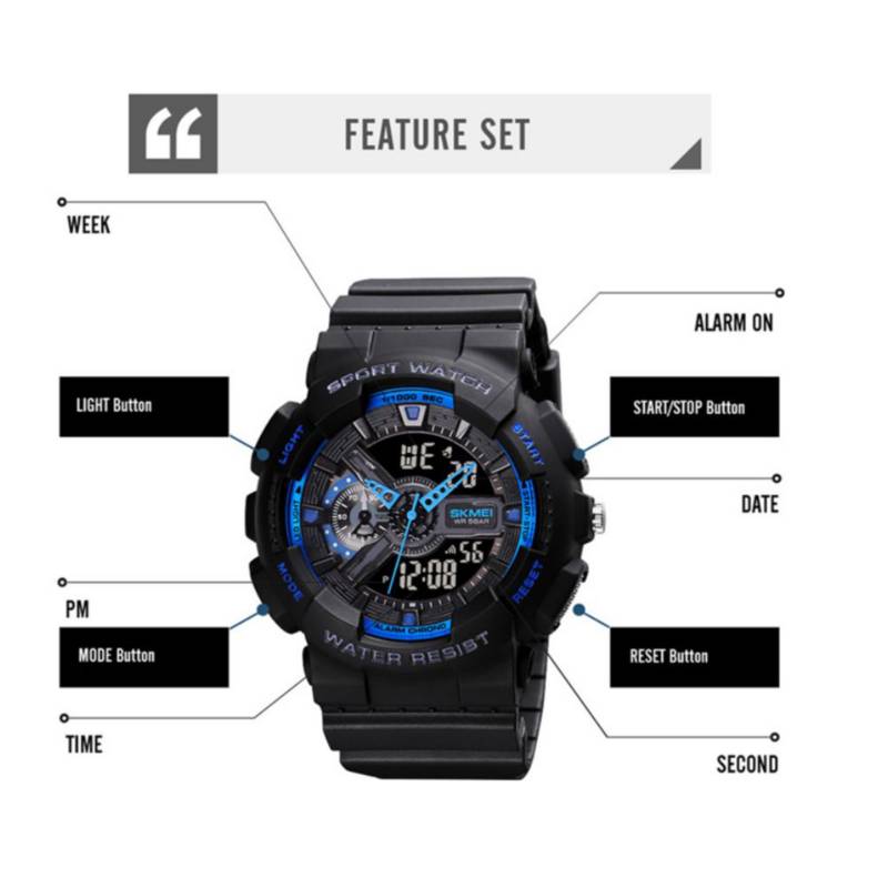 Reloj Skmei 1688 Deportivo 5 atm Dual Time Negro Azul